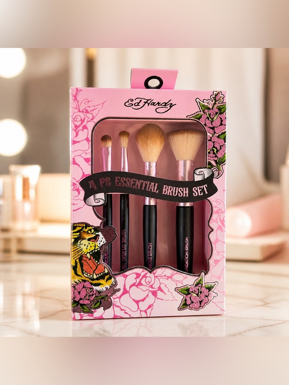 Ed Hardy 4 Piece Essential Makeup Brush Set Pink Floral